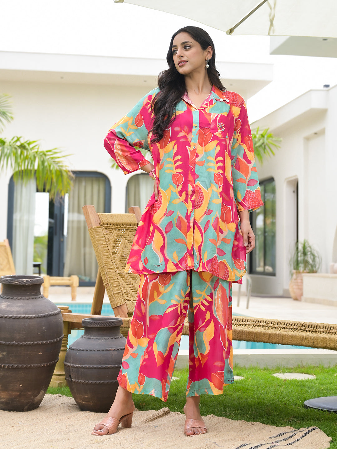 Pink Multi Digital Printed Muslin Co-Ord Set | LASVINI - Redefining Indian Fashion with Elegance