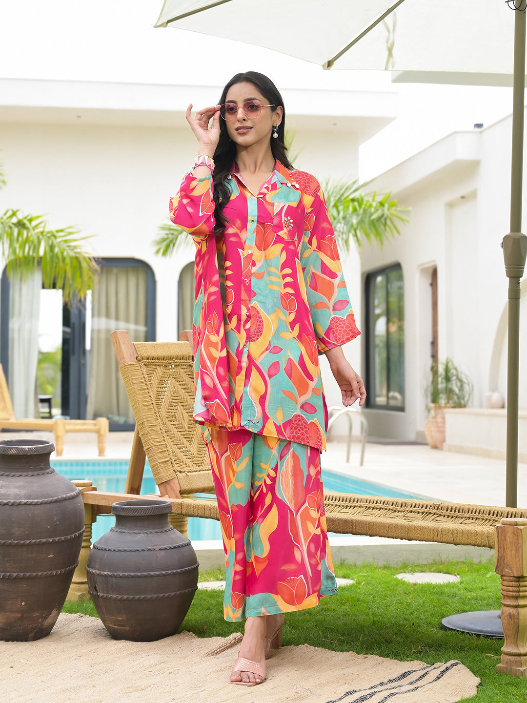 Pink Multi Digital Printed Muslin Co-Ord Set | LASVINI - Redefining Indian Fashion with Elegance