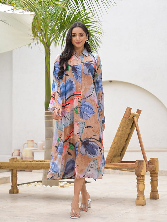 Blue Multi Digital Printed Chinon Kaftan Dress | LASVINI - Redefining Indian Fashion with Elegance