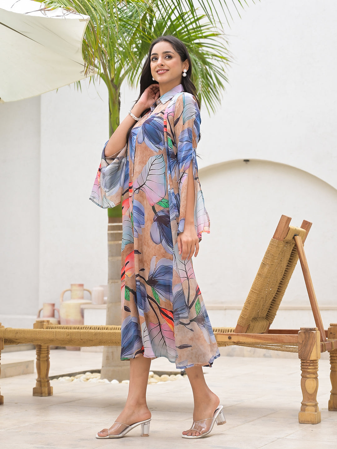 Blue Multi Digital Printed Chinon Kaftan Dress | LASVINI - Redefining Indian Fashion with Elegance