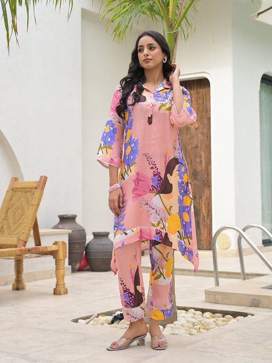 Pink Multi Digital Printed Muslin Co-Ord Set | LASVINI - Redefining Indian Fashion with Elegance