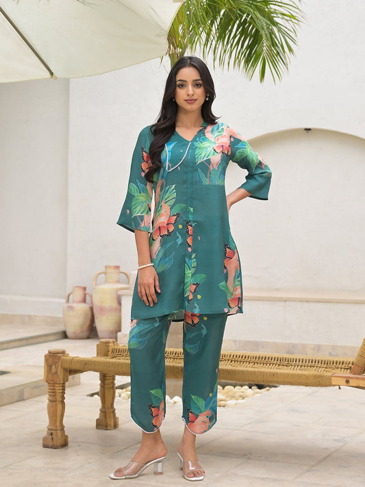 Dark Green Digital Printed Muslin Co-Ord Set | LASVINI - Redefining Indian Fashion with Elegance