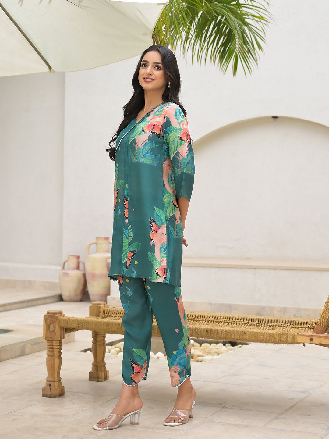 Dark Green Digital Printed Muslin Co-Ord Set | LASVINI - Redefining Indian Fashion with Elegance