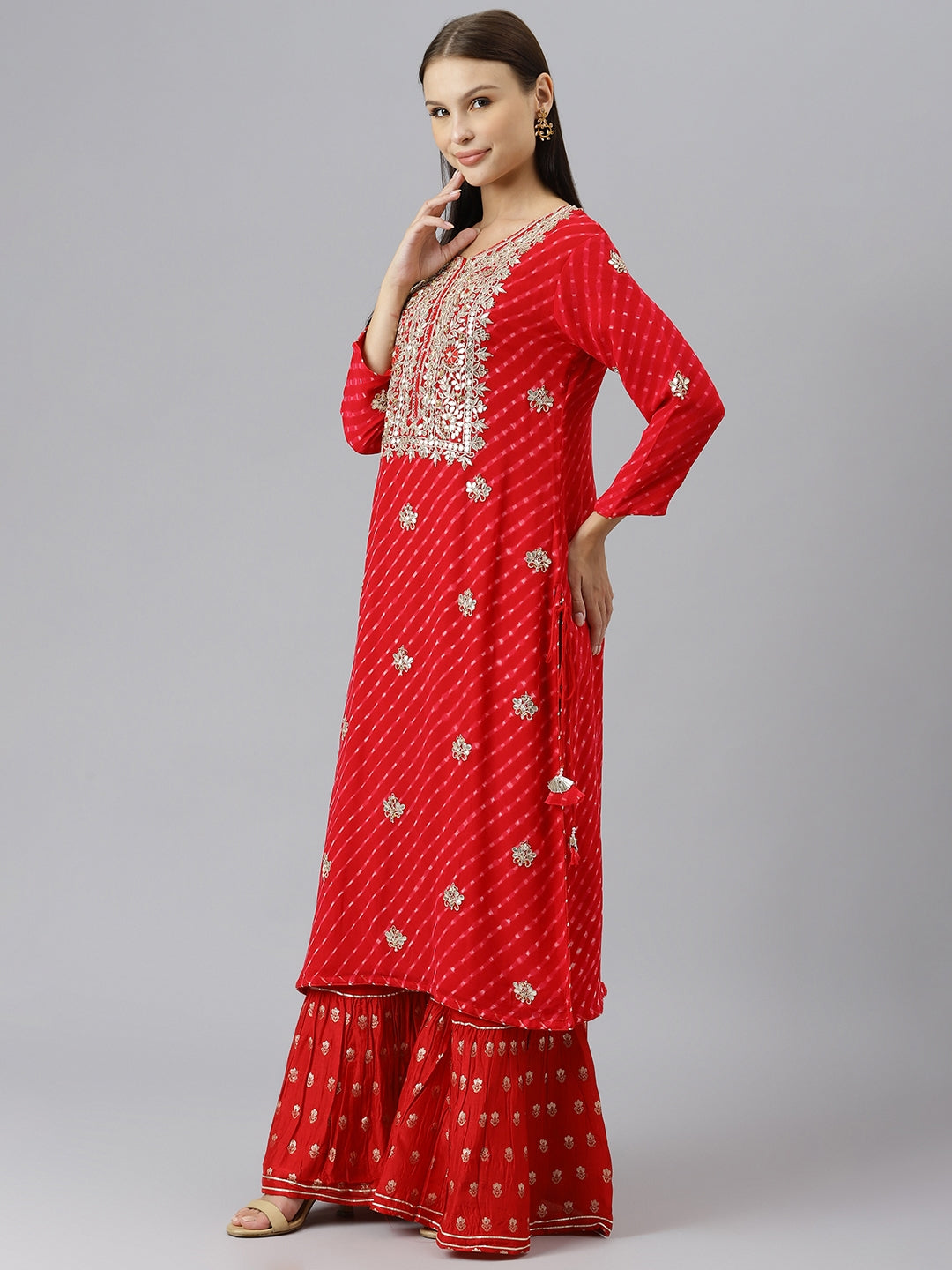 Women Pure Georgette Jaipuri Mothda Red Kurta Sharara Set With Dupatta | LASVINI - Redefining Indian Fashion with Elegance