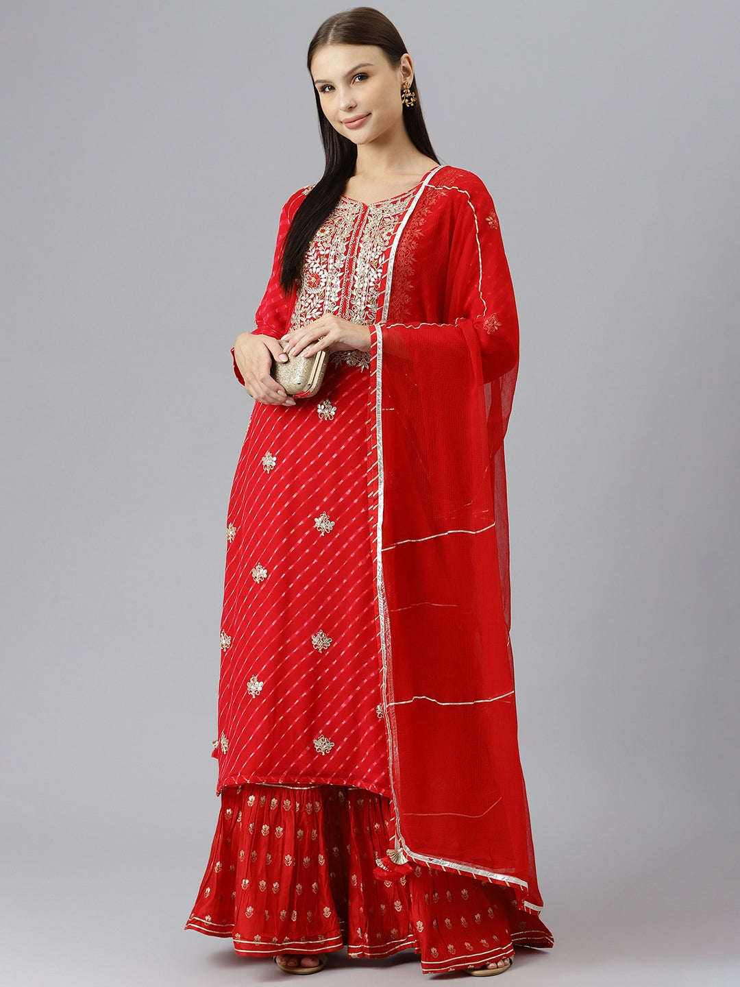 Women Pure Georgette Jaipuri Mothda Red Kurta Sharara Set With Dupatta | LASVINI - Redefining Indian Fashion with Elegance