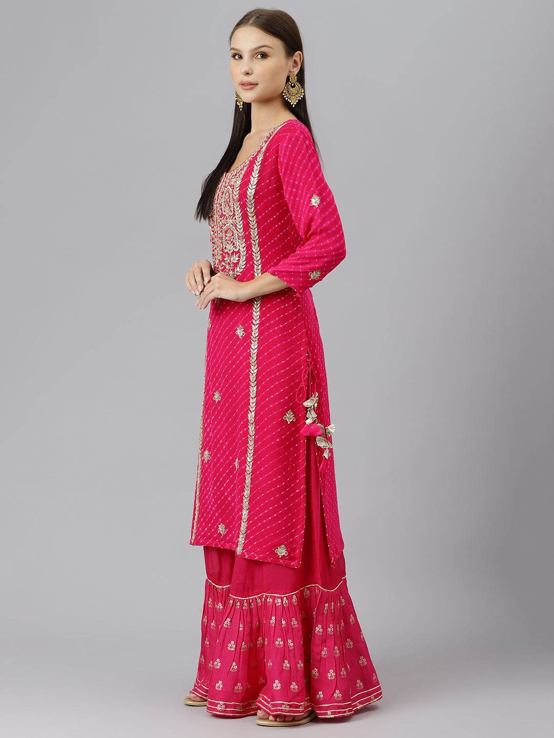 Women Pure Georgette Jaipuri Mothda Rani Pink Kurta Sharara Set With Dupatta | LASVINI - Redefining Indian Fashion with Elegance