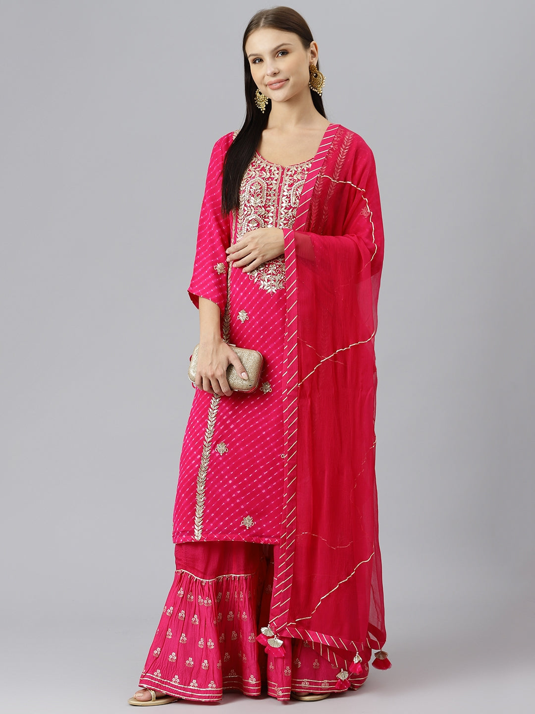 Women Pure Georgette Jaipuri Mothda Rani Pink Kurta Sharara Set With Dupatta | LASVINI - Redefining Indian Fashion with Elegance