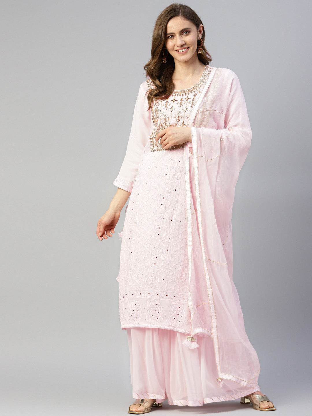Women Pure Chicken Krai Georgette Powder Pink Kurta Palazoo Set With Dupatta | LASVINI - Redefining Indian Fashion with Elegance