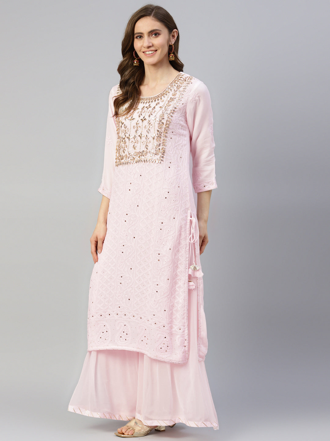 Women Pure Chicken Krai Georgette Powder Pink Kurta Palazoo Set With Dupatta | LASVINI - Redefining Indian Fashion with Elegance