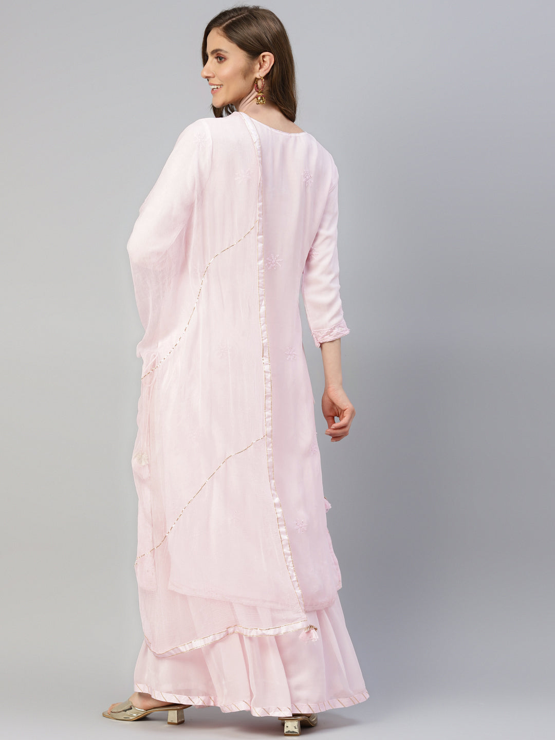 Women Pure Chicken Krai Georgette Powder Pink Kurta Palazoo Set With Dupatta | LASVINI - Redefining Indian Fashion with Elegance