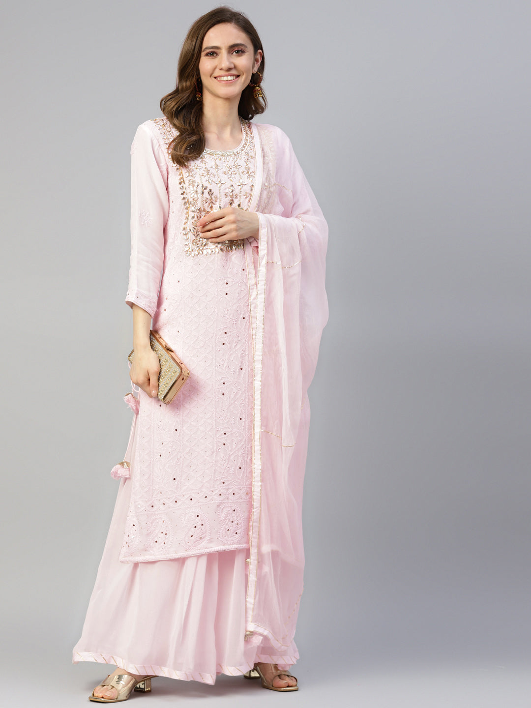 Women Pure Chicken Krai Georgette Powder Pink Kurta Palazoo Set With Dupatta | LASVINI - Redefining Indian Fashion with Elegance
