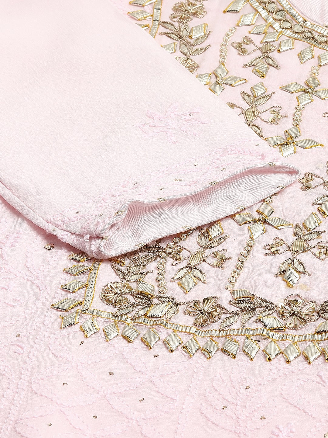 Women Pure Chicken Krai Georgette Powder Pink Kurta Palazoo Set With Dupatta | LASVINI - Redefining Indian Fashion with Elegance