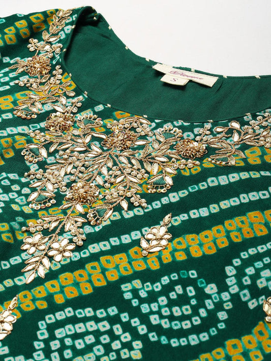 Gota Work Green Bandhani Print Georgette Kurta Palazzo Set With Dupatta | LASVINI - Redefining Indian Fashion with Elegance