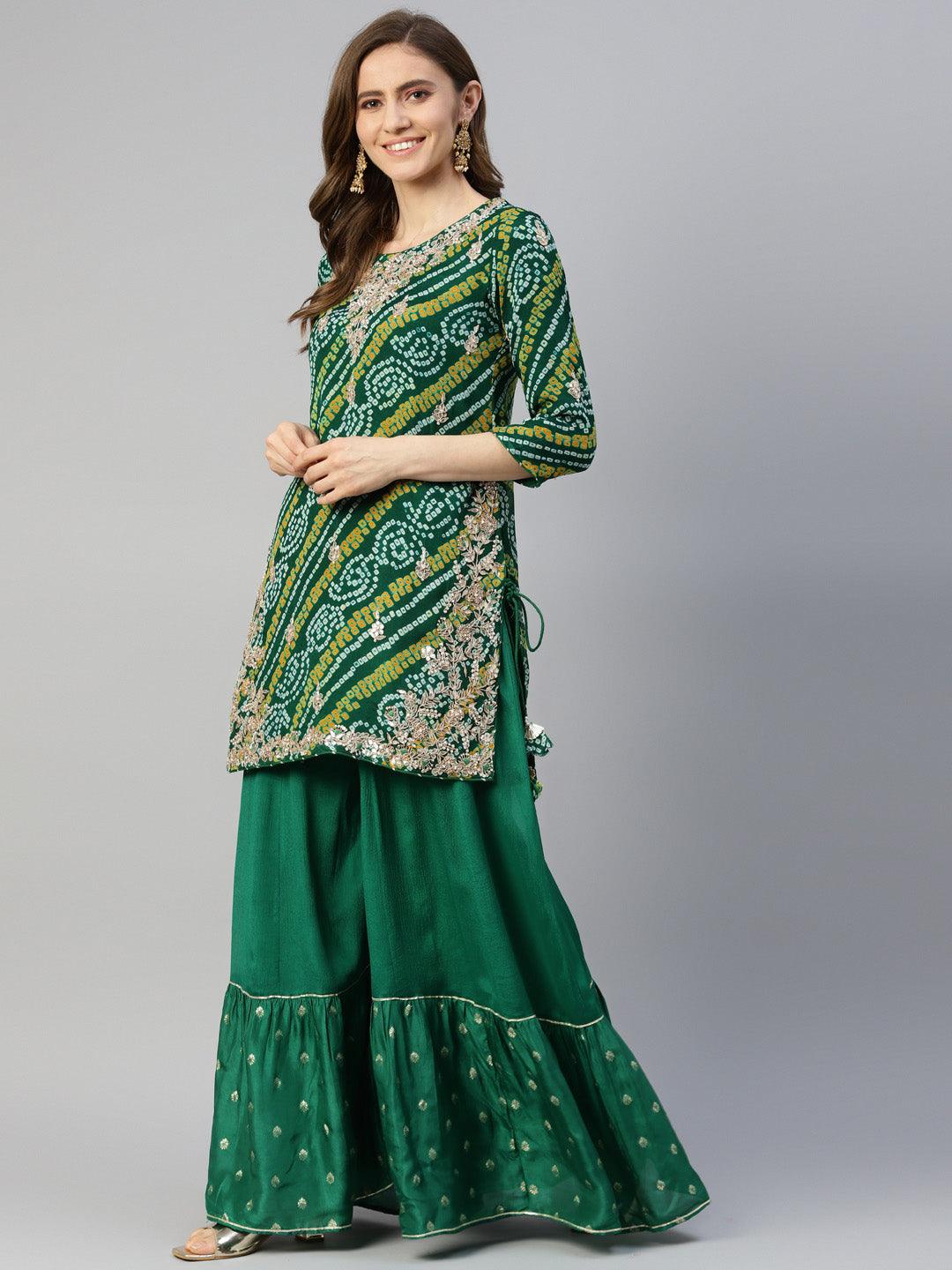 Gota Work Green Bandhani Print Georgette Kurta Palazzo Set With Dupatta | LASVINI - Redefining Indian Fashion with Elegance