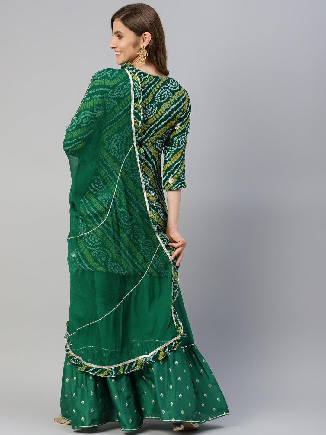 Gota Work Green Bandhani Print Georgette Kurta Palazzo Set With Dupatta | LASVINI - Redefining Indian Fashion with Elegance