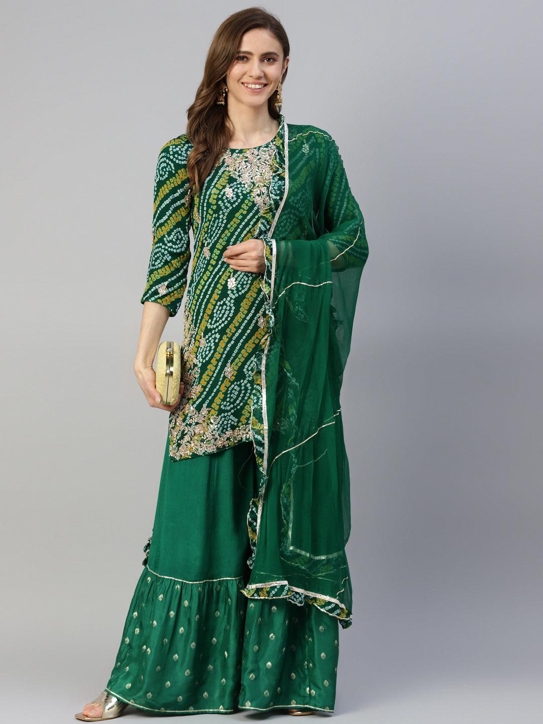 Gota Work Green Bandhani Print Georgette Kurta Palazzo Set With Dupatta | LASVINI - Redefining Indian Fashion with Elegance