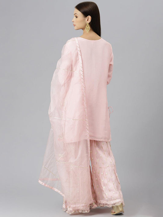 Women Pink Yoke Design Zardozi Chanderi Silk Kurta With Sharara & With Dupatta | LASVINI - Redefining Indian Fashion with Elegance