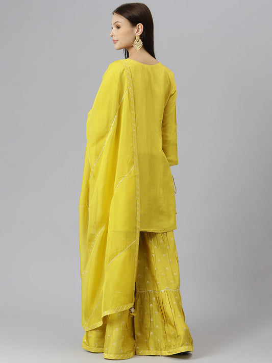 Women Lemon Yellow Pure Rassion Chenderi Kurta Sharara Set With Dupatta | LASVINI - Redefining Indian Fashion with Elegance
