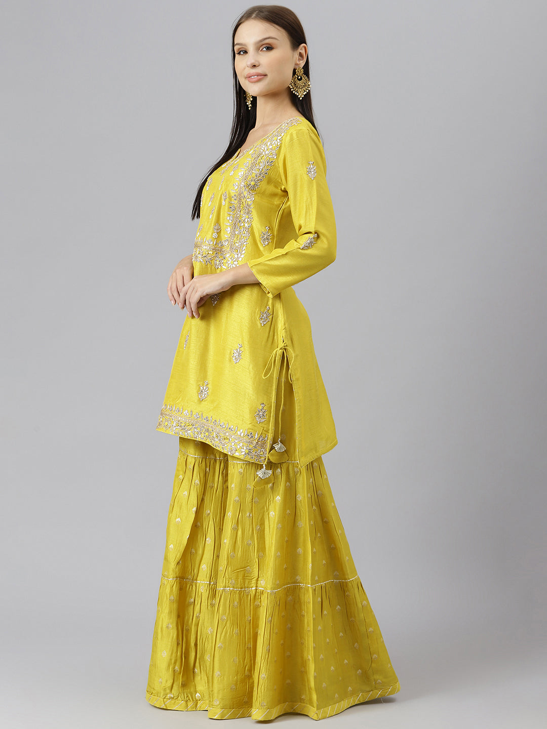 Women Lemon Yellow Pure Rassion Chenderi Kurta Sharara Set With Dupatta | LASVINI - Redefining Indian Fashion with Elegance