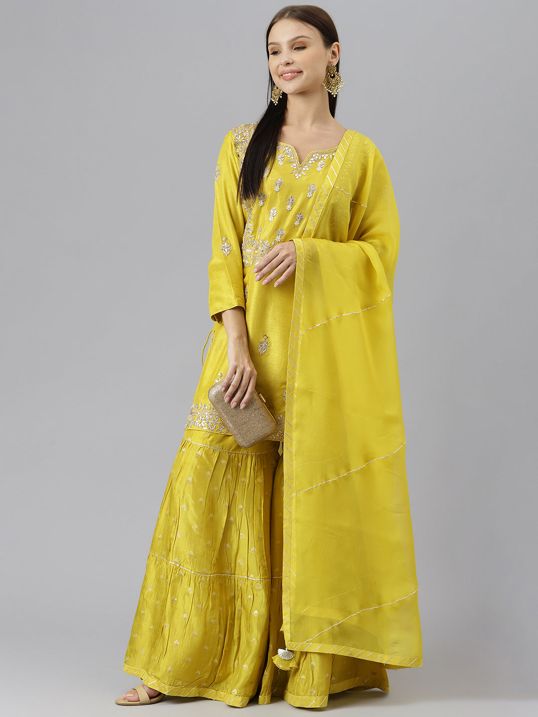 Women Lemon Yellow Pure Rassion Chenderi Kurta Sharara Set With Dupatta | LASVINI - Redefining Indian Fashion with Elegance