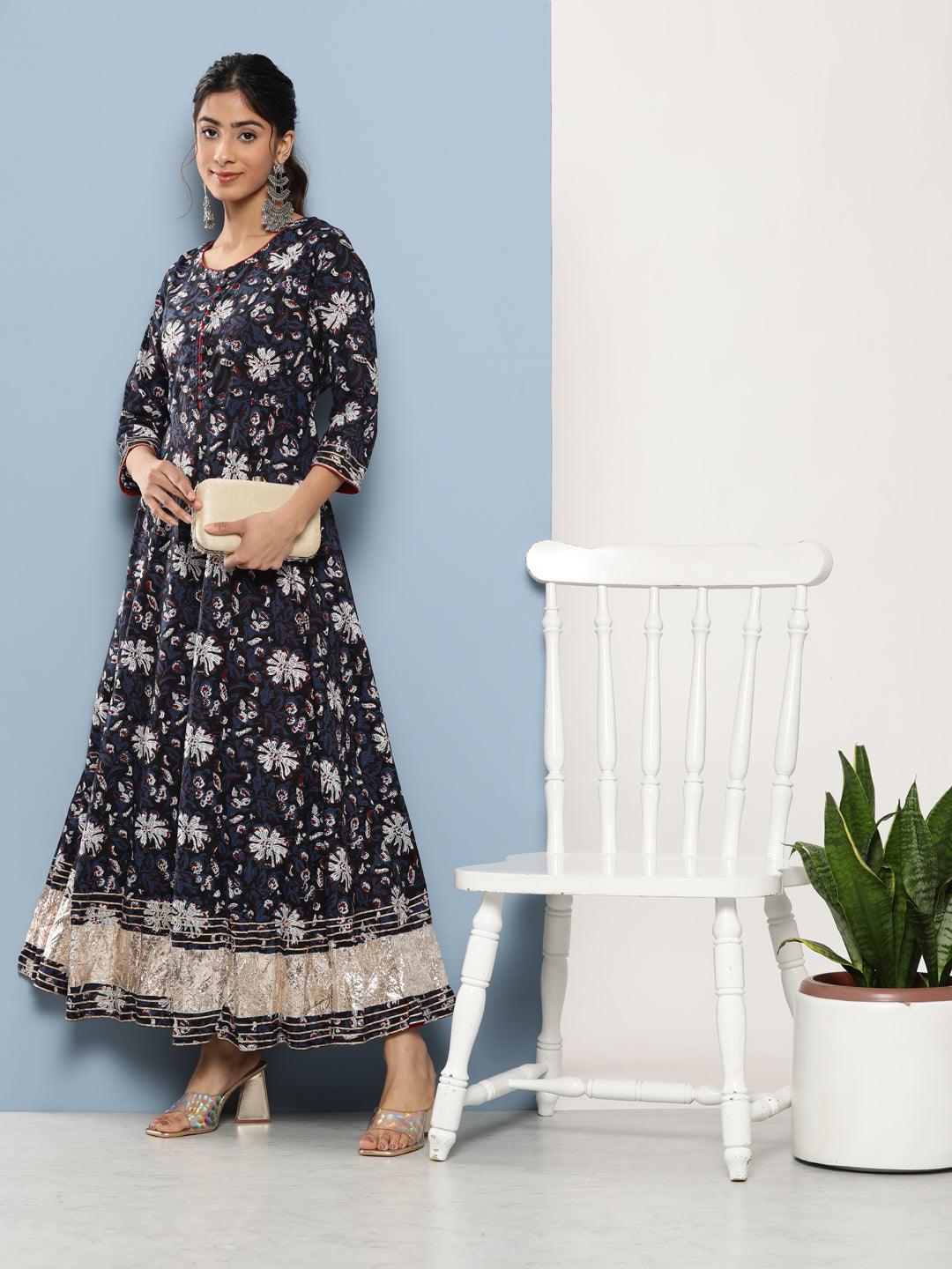 Blue Cotton Anarkali Kurta | LASVINI - Redefining Indian Fashion with Elegance