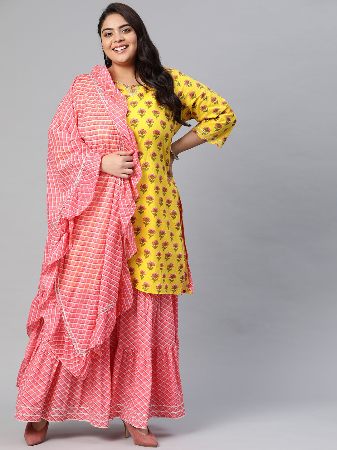 Women'S Yellow Printed Kurta With Lahariya Sharara And Ruffled Dupatta Set | LASVINI - Redefining Indian Fashion with Elegance