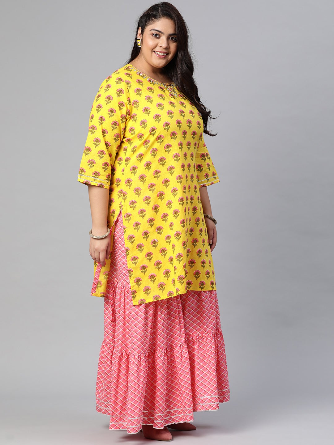 Women'S Yellow Printed Kurta With Lahariya Sharara And Ruffled Dupatta Set | LASVINI - Redefining Indian Fashion with Elegance
