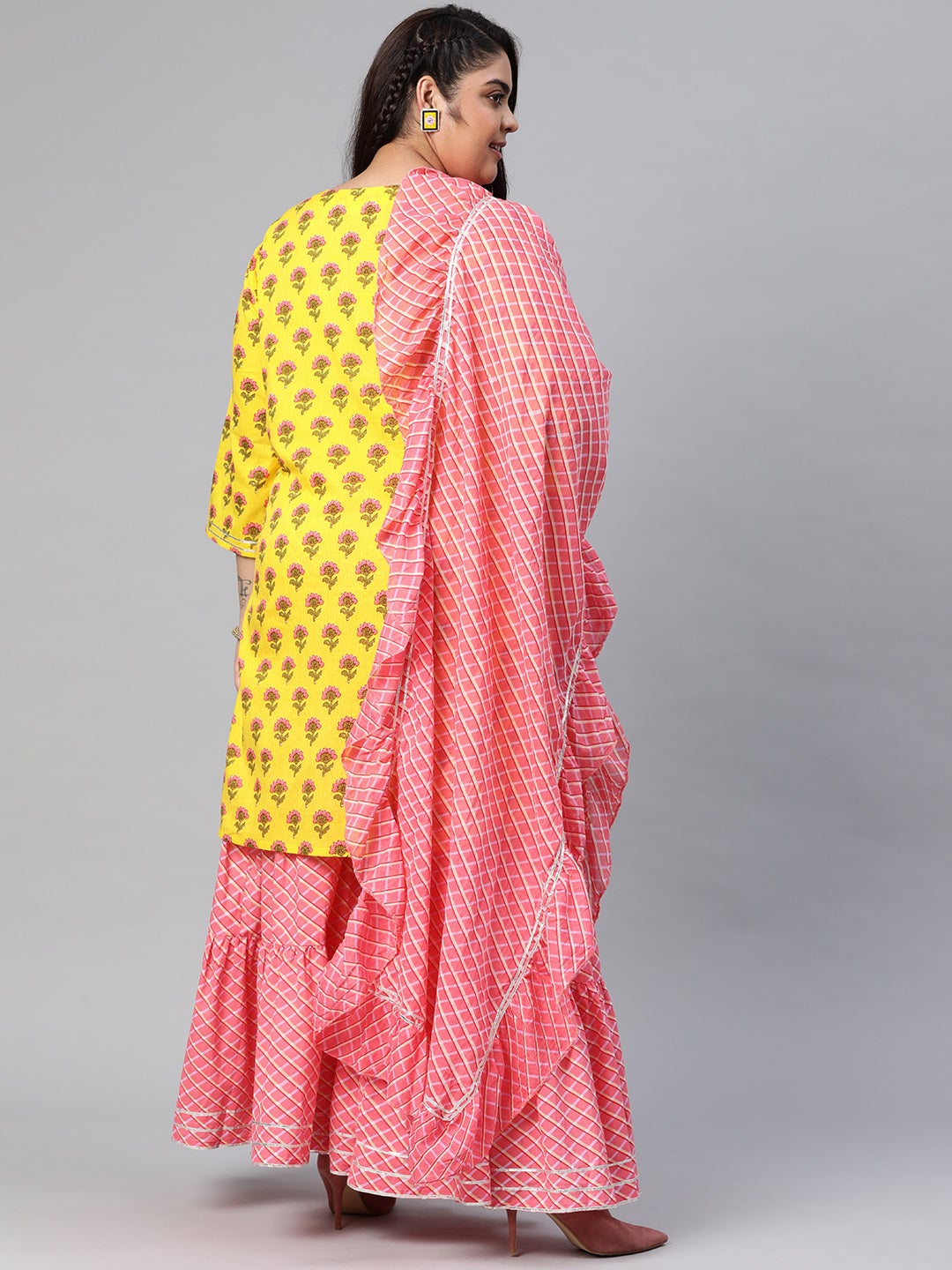 Women'S Yellow Printed Kurta With Lahariya Sharara And Ruffled Dupatta Set | LASVINI - Redefining Indian Fashion with Elegance