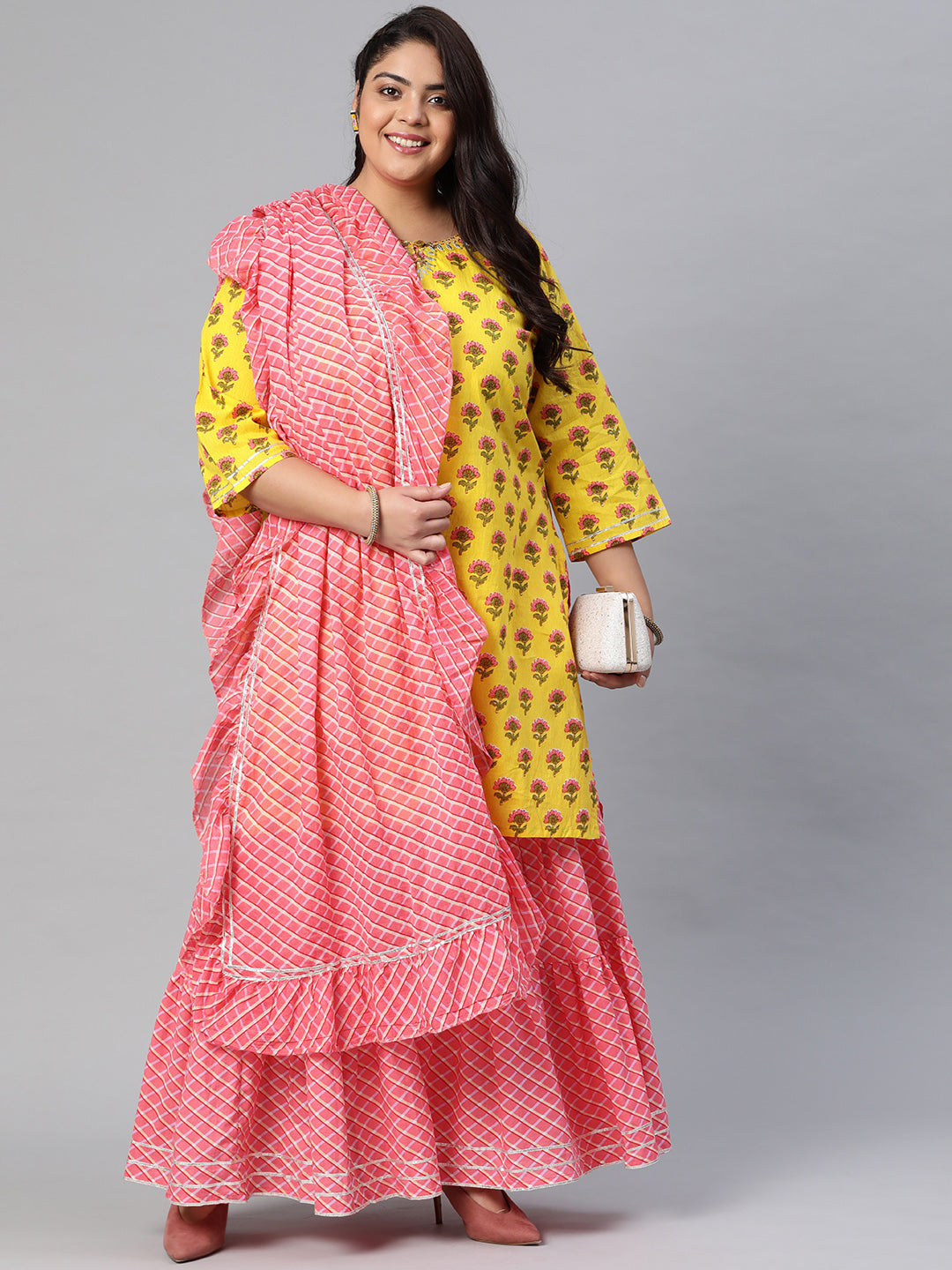 Women'S Yellow Printed Kurta With Lahariya Sharara And Ruffled Dupatta Set | LASVINI - Redefining Indian Fashion with Elegance