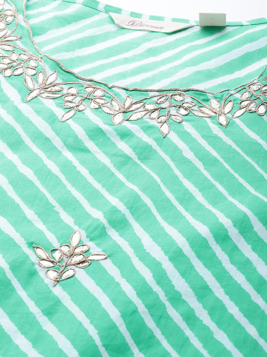 Women'S Green Leheriya Cotton Gota Patti Straight Kurta | LASVINI - Redefining Indian Fashion with Elegance
