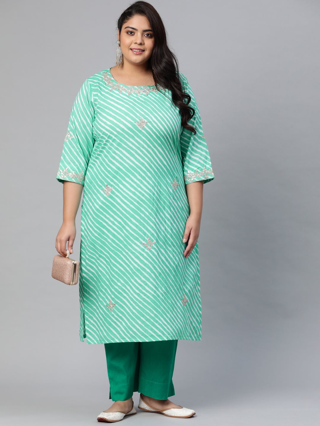 Women'S Green Leheriya Cotton Gota Patti Straight Kurta | LASVINI - Redefining Indian Fashion with Elegance
