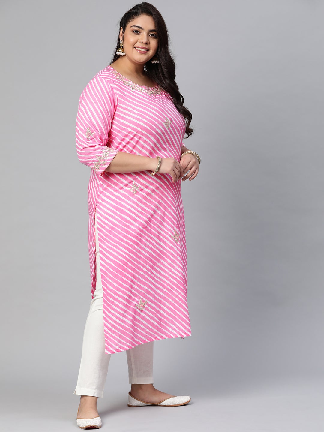 Women'S Pink Lahariya Cotton Gota Patti Straight Kurta | LASVINI - Redefining Indian Fashion with Elegance