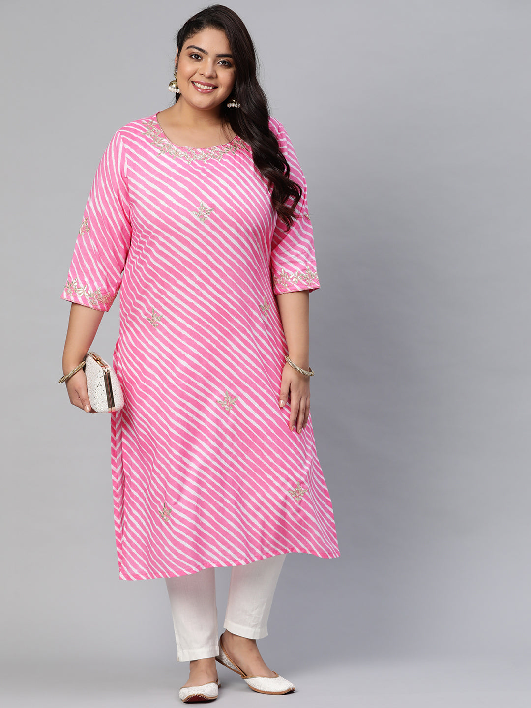 Women'S Pink Lahariya Cotton Gota Patti Straight Kurta | LASVINI - Redefining Indian Fashion with Elegance