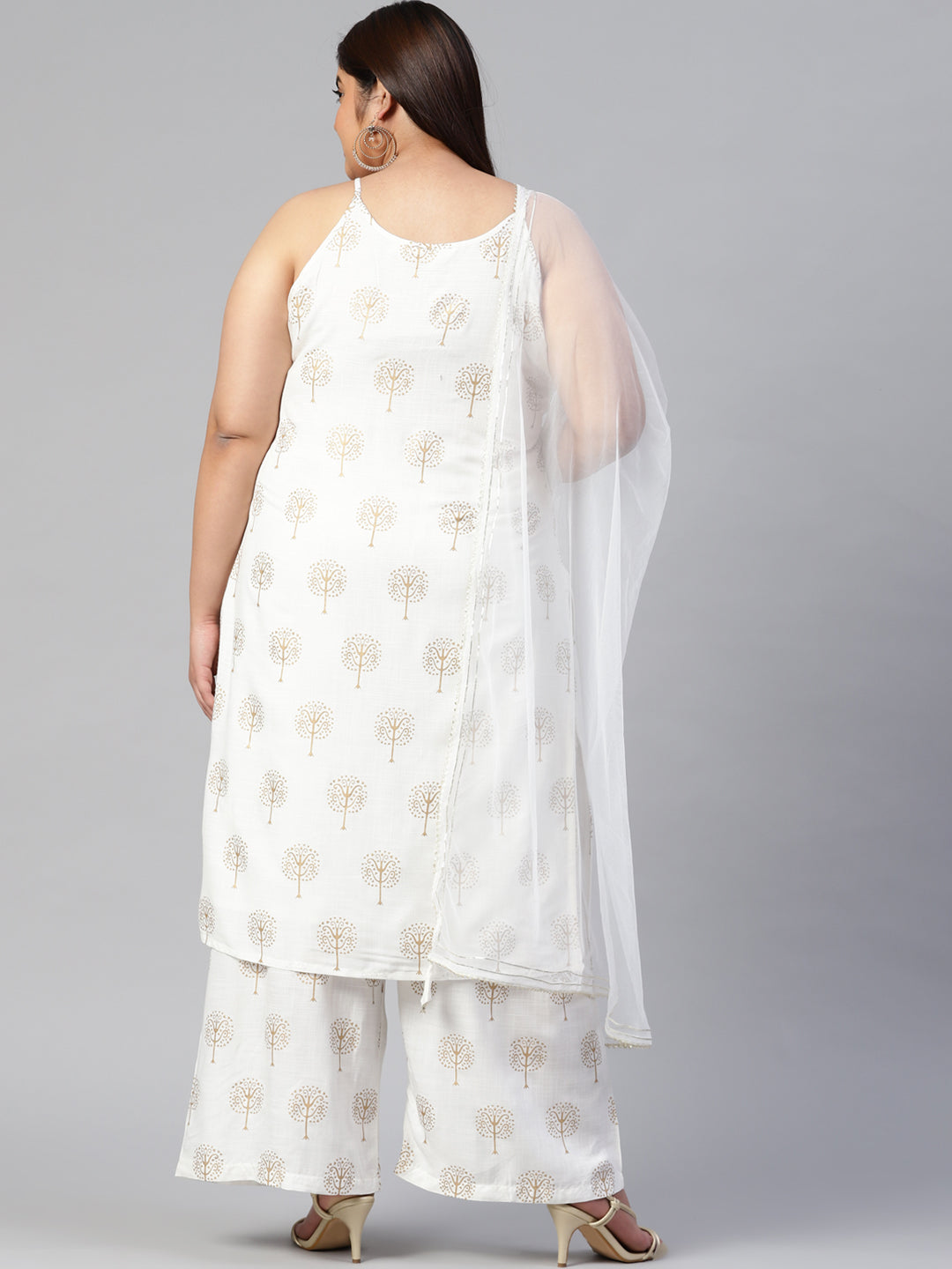 Women'S White Shoulder Strip Kurta Palazoo Set With Net Dupatta | LASVINI - Redefining Indian Fashion with Elegance