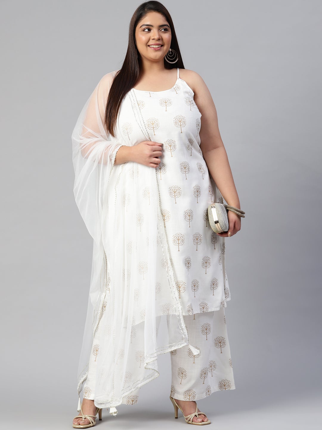 Women'S White Shoulder Strip Kurta Palazoo Set With Net Dupatta | LASVINI - Redefining Indian Fashion with Elegance