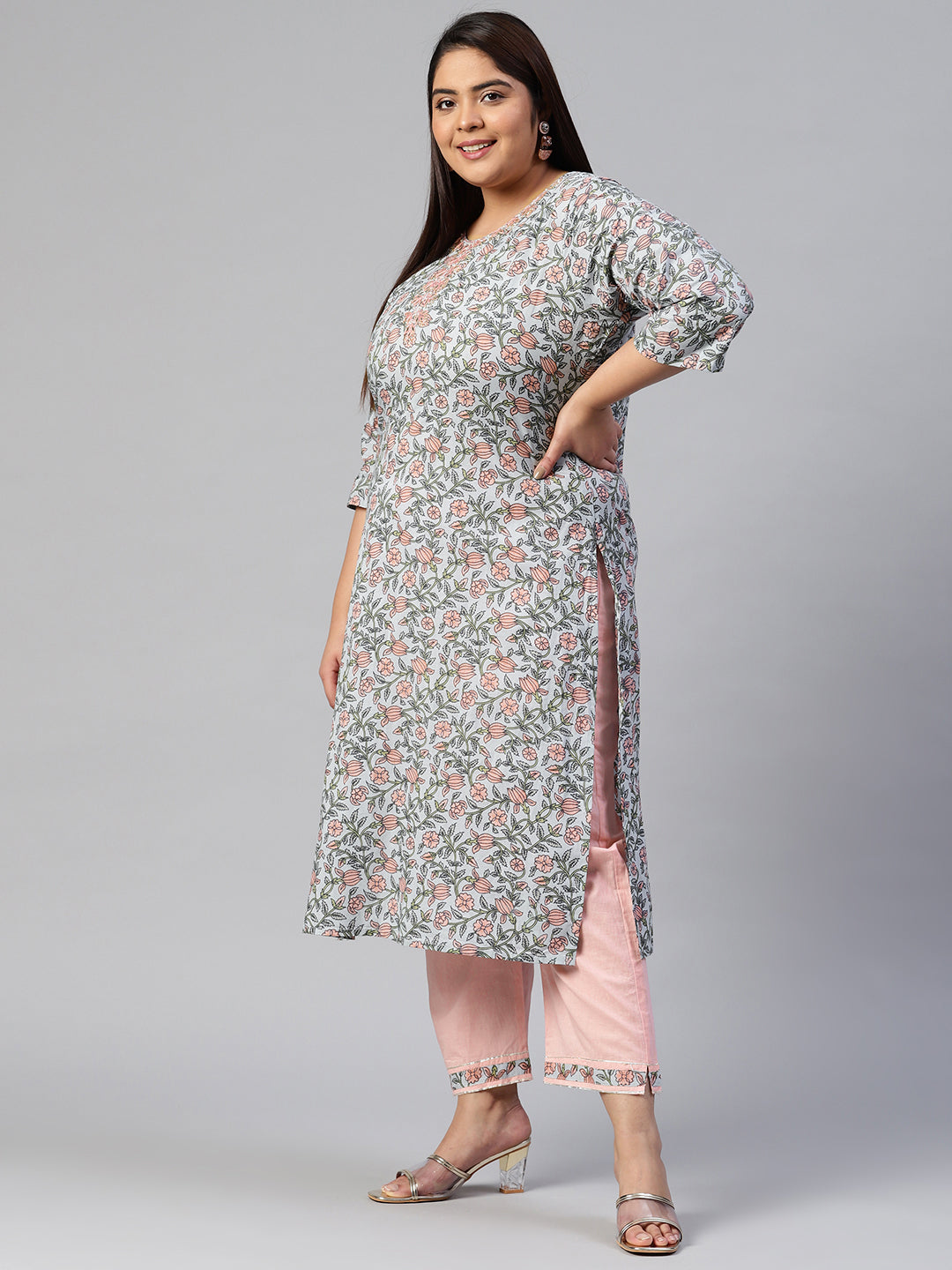 Women'S Pastel Blue Floral Straight Cotton Kurta Pant Set With Dupatta | LASVINI - Redefining Indian Fashion with Elegance