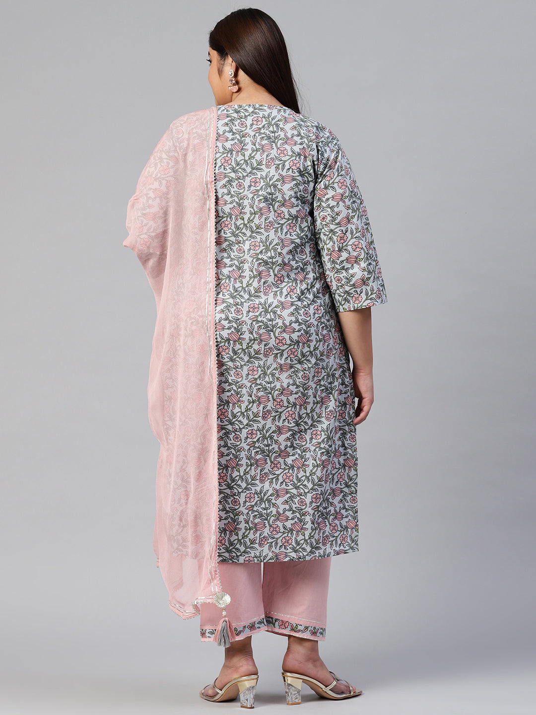 Women'S Pastel Blue Floral Straight Cotton Kurta Pant Set With Dupatta | LASVINI - Redefining Indian Fashion with Elegance