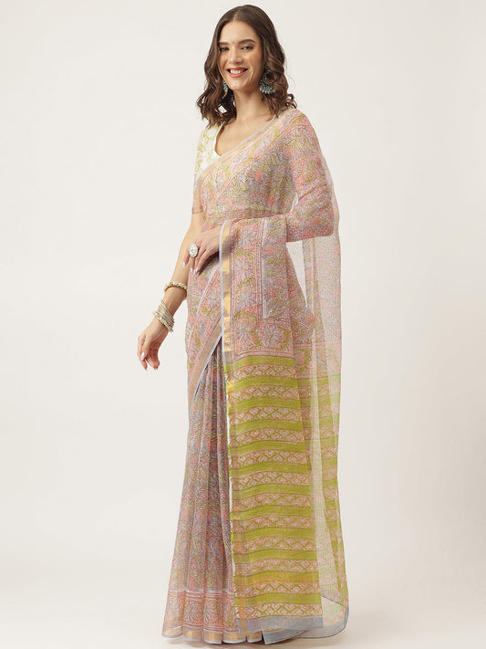 Green Hand Block Kota Doria Saree | LASVINI - Redefining Indian Fashion with Elegance