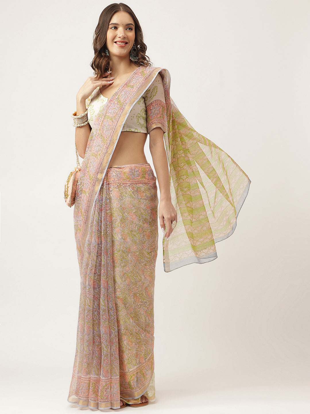 Green Hand Block Kota Doria Saree | LASVINI - Redefining Indian Fashion with Elegance