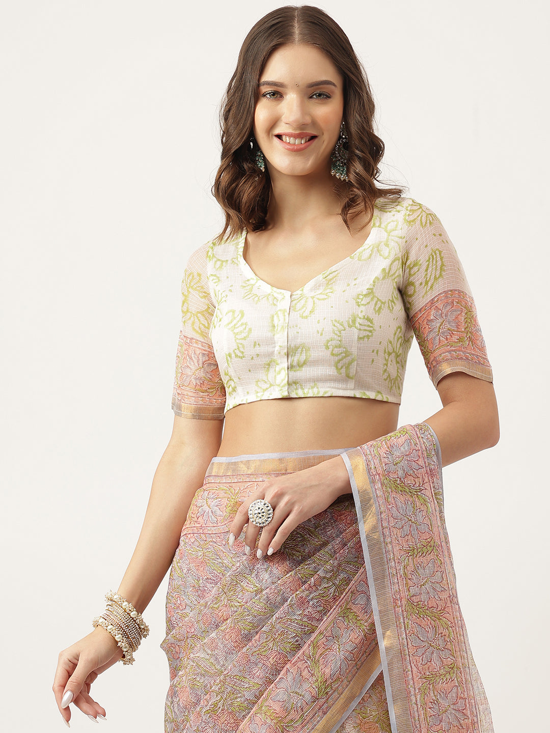 Green Hand Block Kota Doria Saree | LASVINI - Redefining Indian Fashion with Elegance