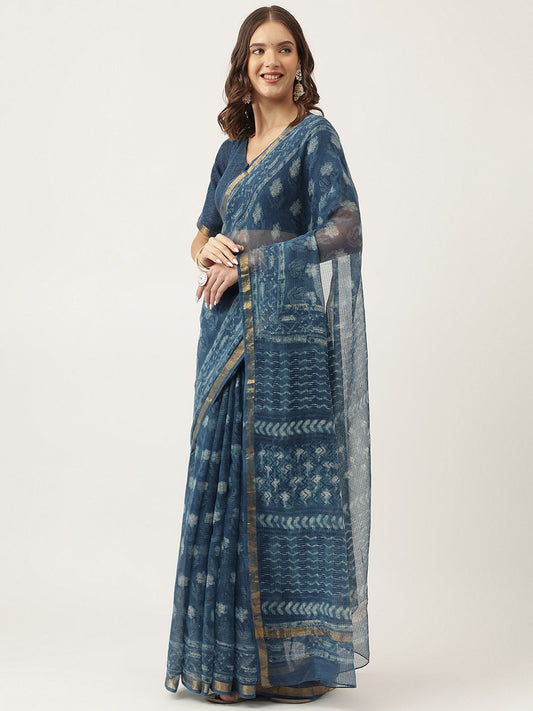 Indigo Blue Hand Block Kota Doria Saree | LASVINI - Redefining Indian Fashion with Elegance
