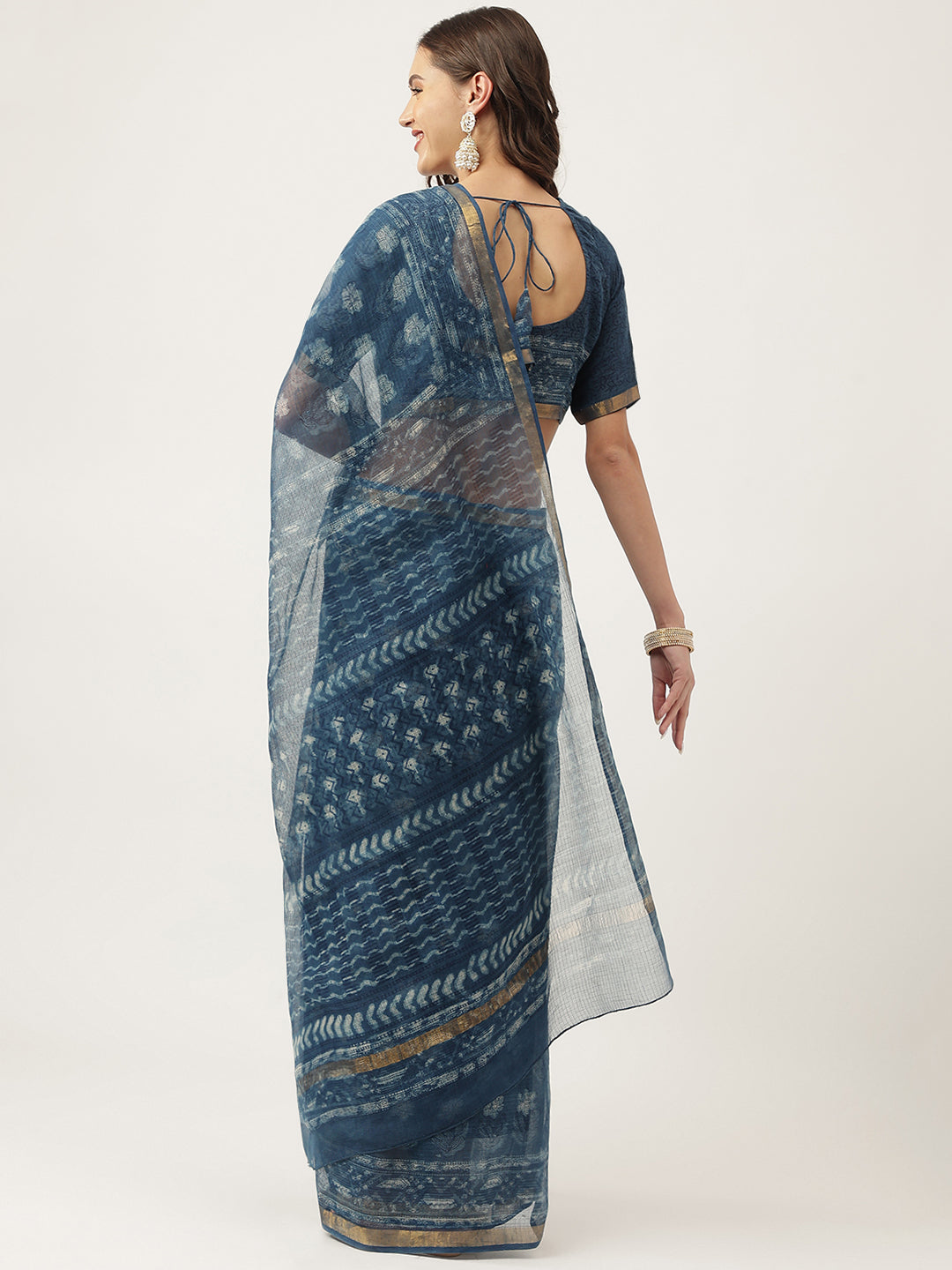 Indigo Blue Hand Block Kota Doria Saree | LASVINI - Redefining Indian Fashion with Elegance