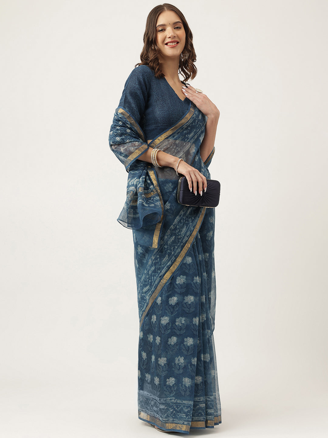 Indigo Blue Hand Block Kota Doria Saree | LASVINI - Redefining Indian Fashion with Elegance