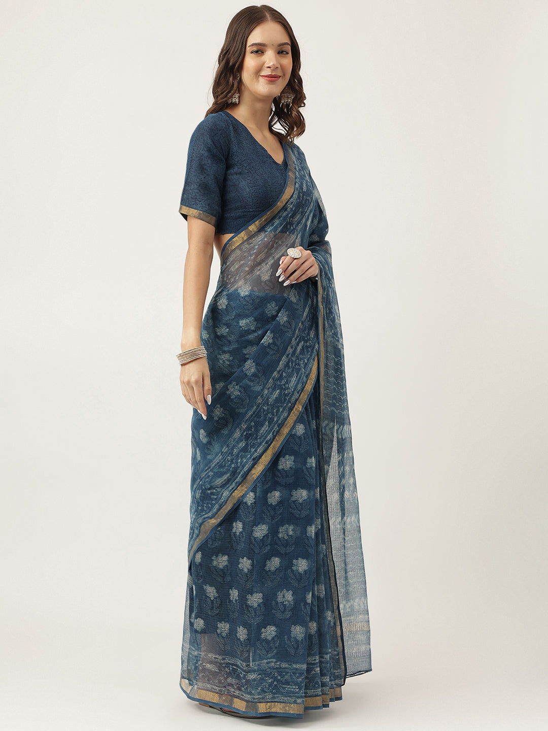 Indigo Blue Hand Block Kota Doria Saree | LASVINI - Redefining Indian Fashion with Elegance