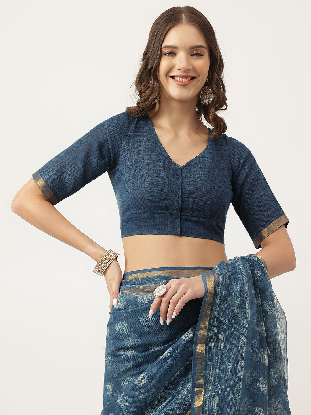 Indigo Blue Hand Block Kota Doria Saree | LASVINI - Redefining Indian Fashion with Elegance