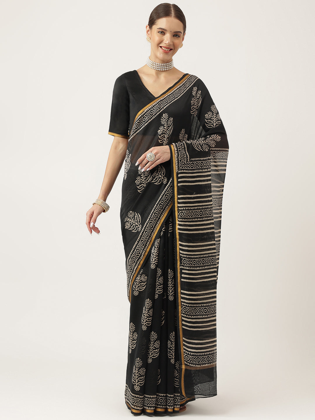 Black Hand Block Chanderi Silk Saree | LASVINI - Redefining Indian Fashion with Elegance