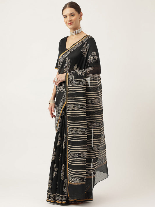 Black Hand Block Chanderi Silk Saree | LASVINI - Redefining Indian Fashion with Elegance
