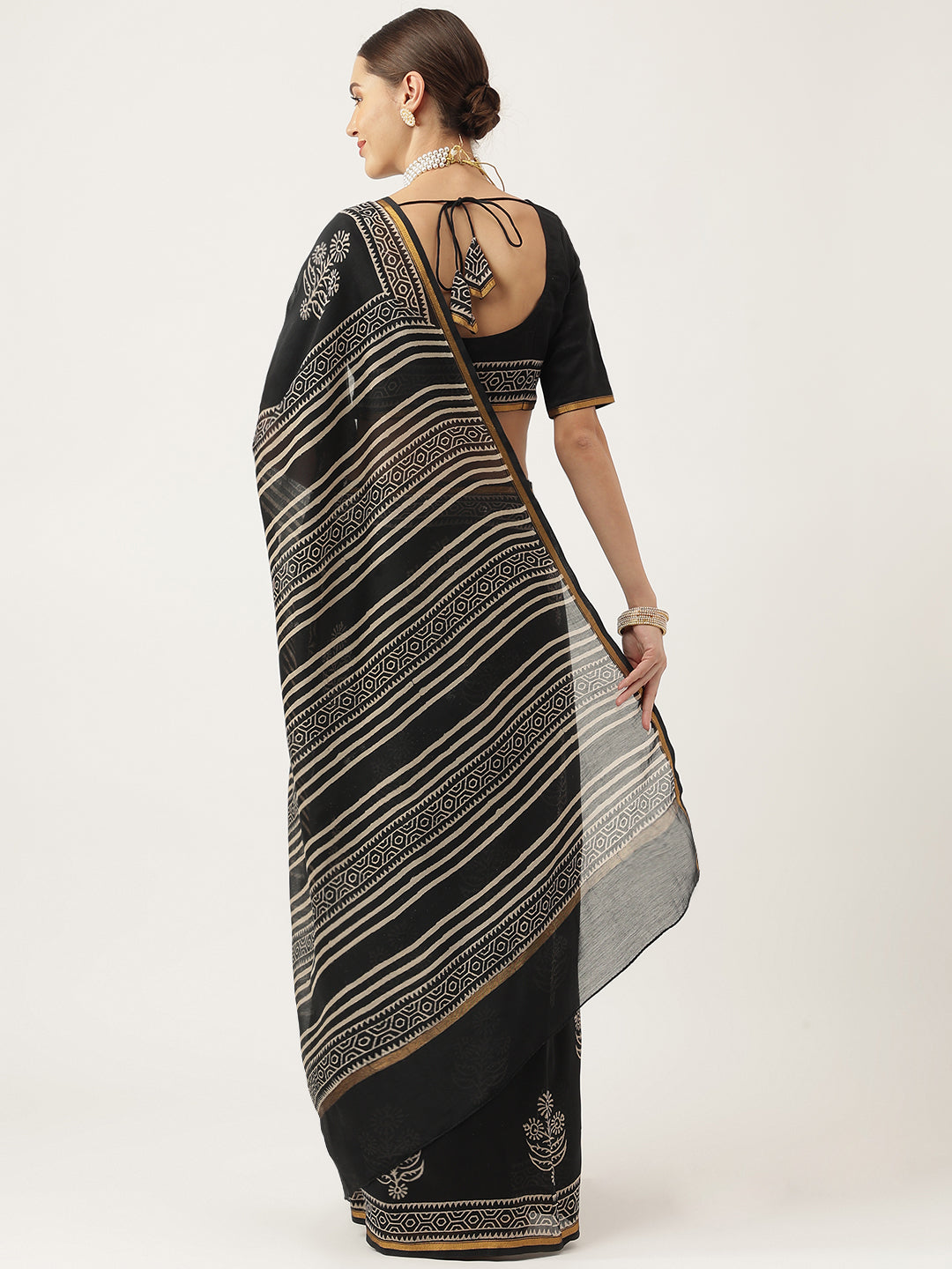 Black Hand Block Chanderi Silk Saree | LASVINI - Redefining Indian Fashion with Elegance