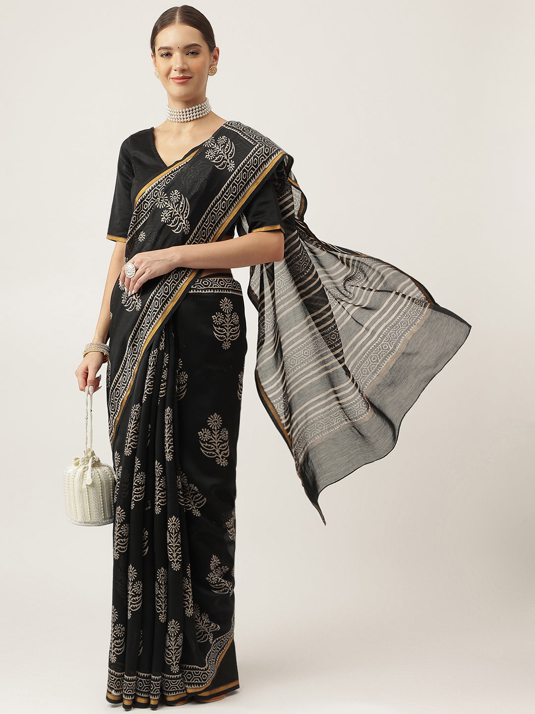 Black Hand Block Chanderi Silk Saree | LASVINI - Redefining Indian Fashion with Elegance