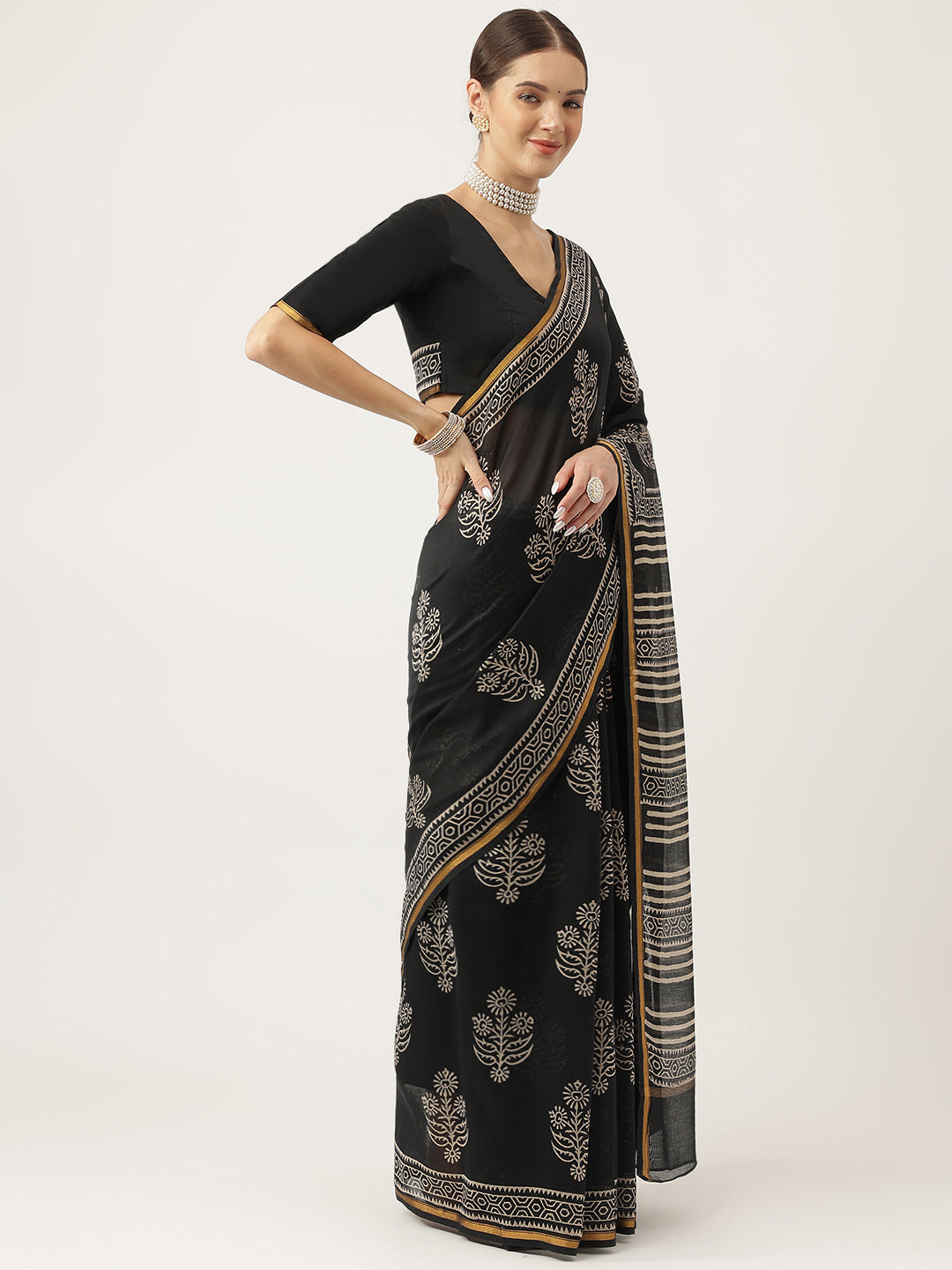 Black Hand Block Chanderi Silk Saree | LASVINI - Redefining Indian Fashion with Elegance